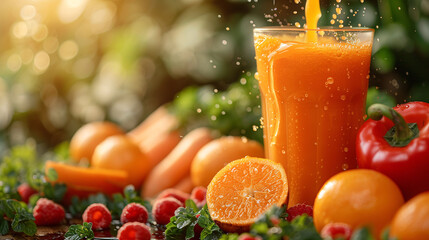 Freshly blended orange smoothie with a splash surrounded by assorted fruits and vegetables like carrots, peppers, and berries, with sunlight filtering through greenery.