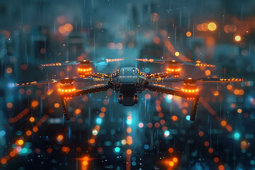 Dynamic wireframe visualization against glowing translucent background, showcasing innovative drone technology in futuristic concept