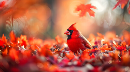 A solitary cardinal amidst vibrant red autumn leaves, with ample copy space and a gentle blur of surrounding trees