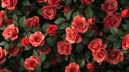 an appealing top-view AI composition featuring a seamless pattern of fresh red roses for an aesthetically pleasing wallpaper design attractive look - obrazy, fototapety, plakaty
