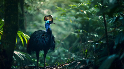 Obraz premium A solitary cassowary standing tall amidst a serene rainforest, its vibrant plumage contrasting with the muted greens of the surroundings, offering a tranquil scene with copy space