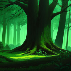 새벽 초록 나무 어두운 거대한 - obrazy, fototapety, plakaty