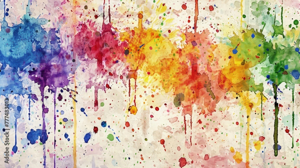Poster a creative watercolor background with splatters and drips of multi-colors, creating a lively and pla