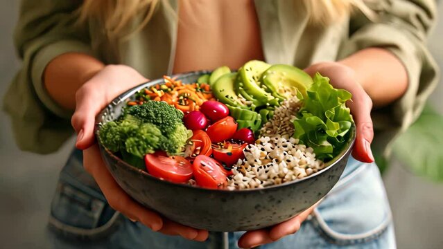 Woman holding a bowl of healthy salad with avocado, broccoli, and tomatoes.