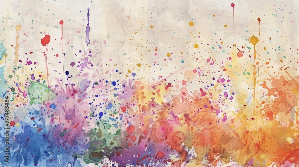 Poster a creative watercolor background with splatters and drips of multi-colors, creating a lively and pla