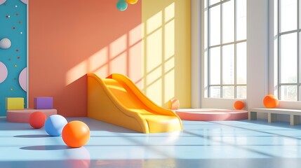 an appealing visual of a contemporary indoor play zone for kids, showcasing a bright indoor slide...