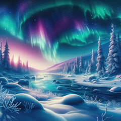 Obraz premium Generative AI, AI-generated art, Beautiful views of snowy auroras, beautiful aurora views, beautiful colorful aurora sightings, aurora views in the snow season, impressive views of night auroras 