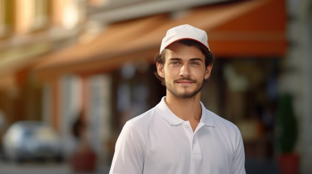 Portrait of a courier in a white uniform on the street. The food delivery man looks at the camera