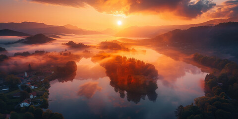 Sunrise over the misty lake, with fog rolling in from behind hills and trees. 