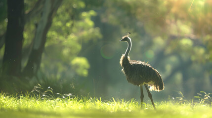 A solitary emu gracefully striding through a sunlit field, with lush greenery in the background, creating a serene atmosphere