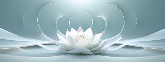 A geometrically perfect lotus flower emerging from a pristine, minimalist 3D environment.