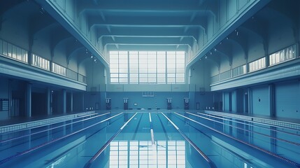 an artificial dreamscape featuring an Olympic swimming pool, where the palette of blues merges with the ingenuity of AI, 