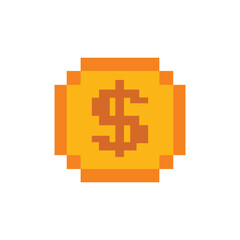 Obraz premium Dollar coin pixel art for 16 bit retro game. Vector golden pixelated coin isolated on white background. Illustration of money 8bit.