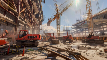 The construction site bustles with activity as cranes lift steel beams and workers maneuver heavy equipment