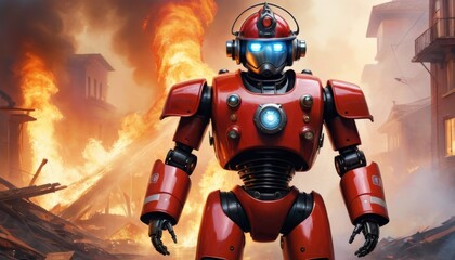 Fototapeta premium A vivid portrayal of a futuristic red robot ready for search and rescue amidst the flames and destruction of a city fire.. AI Generation
