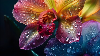Brightly colored photo of an orchid with dew drops on its petals