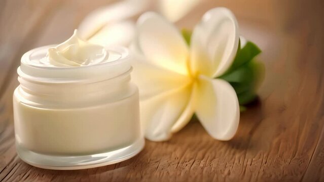 Open jar of cosmetic cream with a white frangipani flower.
