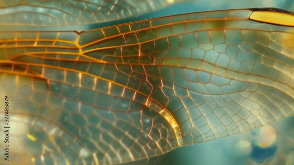 Poster a detailed view of a dragonflys compound wing showing the intricate pattern and structure of its tra