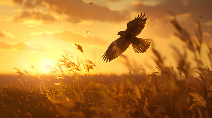 A solitary falcon in mid-flight, its wings spread wide, against a backdrop of golden sunset hues...
