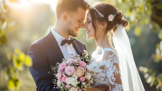 bride and groom on wedding background, happy wedding scene, romantic scene