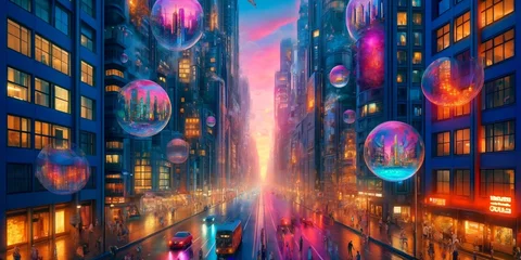 Foto op Plexiglas Futuristic City Street with Floating Bubbles at Twilight  © Metanee