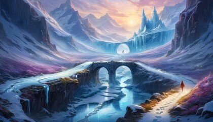 Fantasy landscape of a majestic ice castle across a frozen river, set against a backdrop of alpine peaks at twilight.. AI Generation