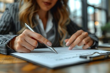 A woman is seated at a desk, using her hand to sign a document with a pen. Her fingers delicately hold the writing instrument accessory, while her thumb and nail press against the paper - obrazy, fototapety, plakaty