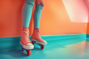 Poster with legs of a girl on roller skates, copy space - obrazy, fototapety, plakaty