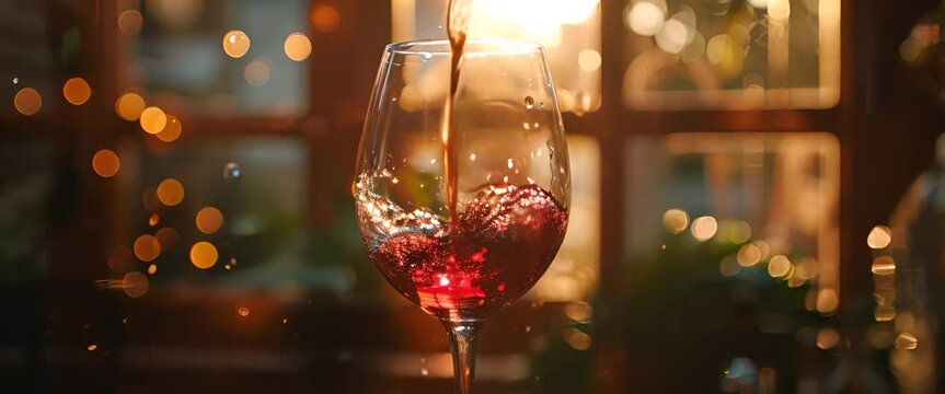 Elegant wine pour, glass catching light, celebration moment