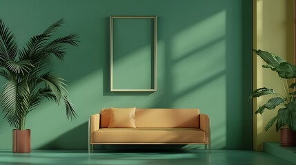 a visual representation of a contemporary living space with a green backdrop, including a mockup frame and a sofa in isolation attractive look