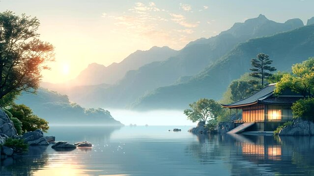 Cozy house in the summer vacation spot like a beach or beautiful lake on the tropical island. seamless looping 4k time-lapse animation video background