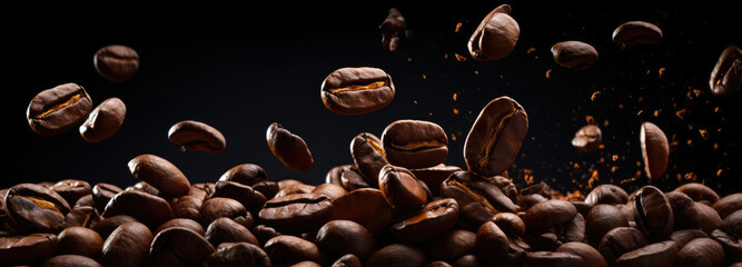 Falling brown roasted coffee beans, isolated on dark black studio background with copy space, close-up - obrazy, fototapety, plakaty