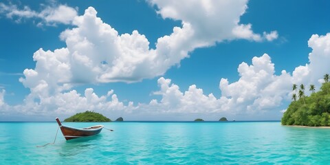 Boat in ocean water with blue sky and white clouds in tropical island. Landscape for summer and...
