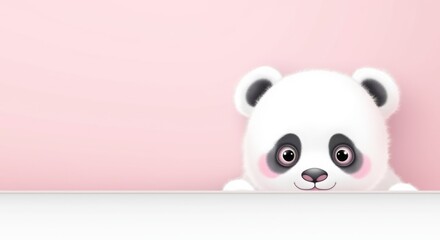 Cute panda bear face in front, pink empty background. Kids banner with copy space. Children birthday banner