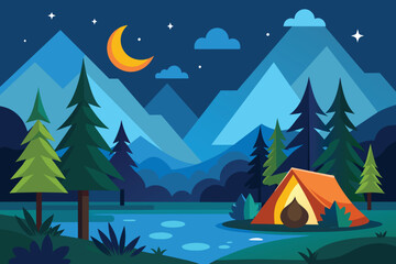 Mountain night camping. Cartoon forest landscape with lake, tent and campfire, sky with moon. Hiking adventure, nature tourism vector