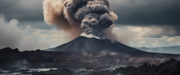 A volcanic eruption with dark clouds and ash, a mountain in the background, and smoke rising from its peak.