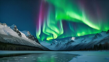 The Northern Lights or Aurora Borealis dance in the night sky over a landscape of mountains.  It's a breathtaking view of a beautiful ocean inlet or fjord.