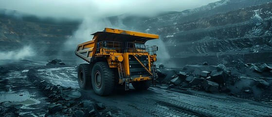 Large dump truck in open pit coal mine panoramic view of operation. Concept Coal mining operations, Dump truck in mine, Panoramic view, Heavy machinery, Industrial landscape - obrazy, fototapety, plakaty