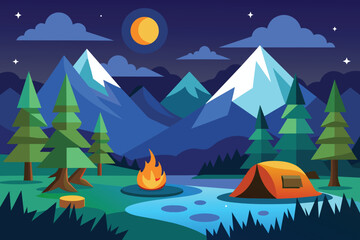 Mountain night camping. Cartoon forest landscape with lake, tent and campfire, sky with moon. Hiking adventure, nature tourism vector