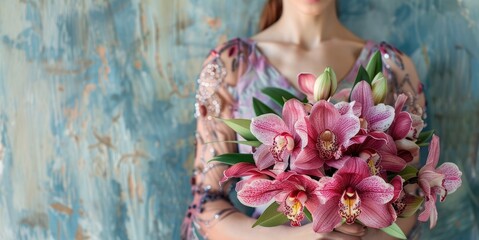 A woman poised hands present a stunning bouquet of orchids