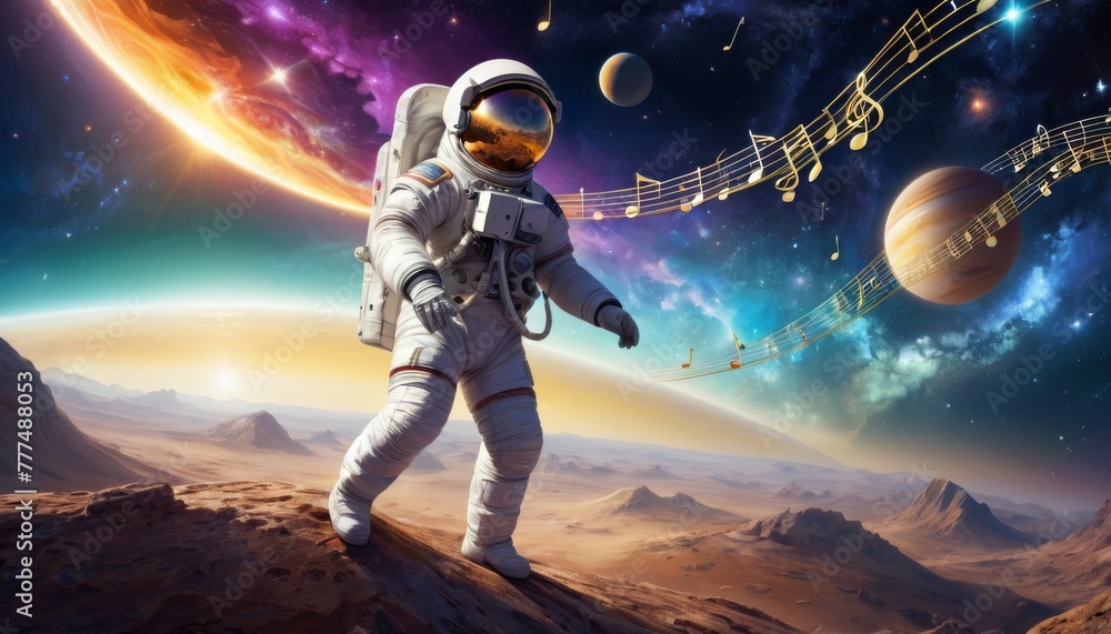 Poster an astronaut floats on an alien planet, with cosmic phenomena and musical notes forming a symphony o