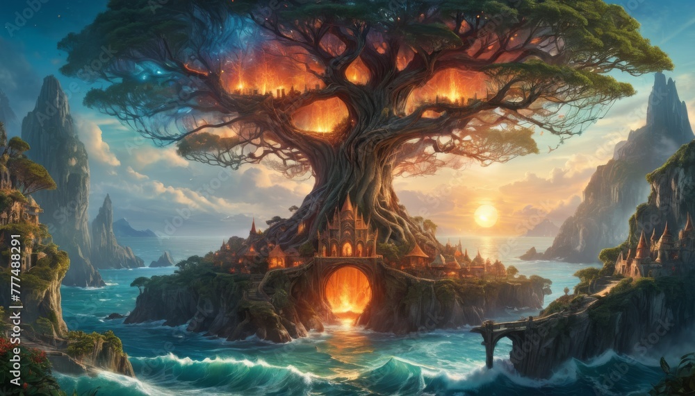 Poster An imaginative digital painting of a grand treehouse within a giant tree, overlooking a sunset ocean.. AI Generation