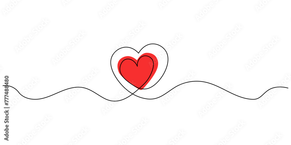 Aufkleber One continuous line drawing of two hearts. Editable stroke. Heart shape in drawn by one line with red love symbol in trendy simple style. Vector illustration. Greeting banner, fashion tattoo design.