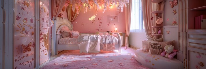 Girl's room, room for a little girl with toys, bed and table in pink colors