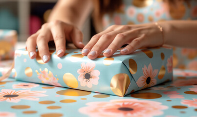 Female woman mom hands wrapping birthday presents gifts surprise with colorful floral pattern paper, pastel blue and pink colors.