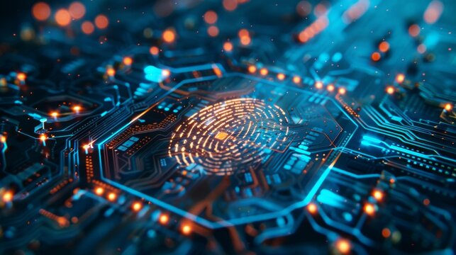futuristic digital processing of biometric fingerprint scanner. concept of surveillance and security scanning of digital programs and fingerprint biometrics. cyber futuristic applications, future.