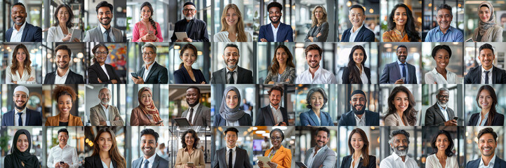 Mosaic collage of male businessmen and female businessmen of multiethnic face and different ages, portraits of successful people smiling at the camera - Powered by Adobe