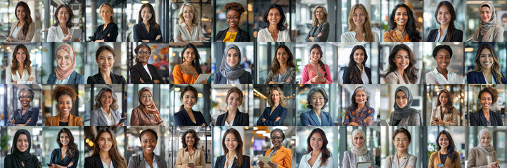 Mosaic collage of female businesswomen of multiethnic face and different ages, portraits of successful women smiling at the camera - Powered by Adobe