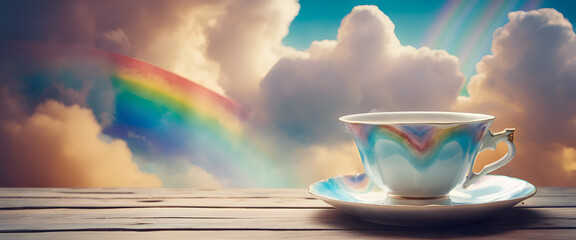 A teacup floating in the sky, with rainbow colors and clouds. High resolution and high detail.