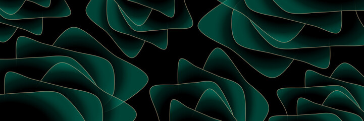 abstract magical technical futuristic background with waves and elements, dark natural atmosphere, modern futuristic design in black and dark green, dark wallpaper, seamless pattern in 3d with curves